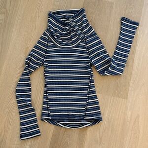 Free People Navy and Cream Striped Cowl Neck Sweater